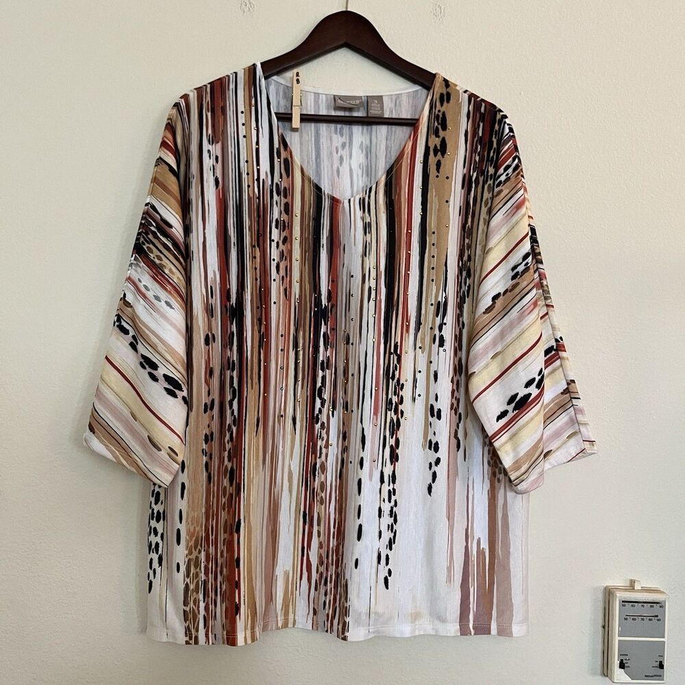Chico's 3/4 Dolman Sleeve V Neck Embellished Jungle Trails Top Blouse SZ 3 XL